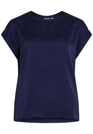 Tmavomodrá krátky rukáv blúzka s okrúhlym výstrihom a mierne vyhrnutými rukávmi, vyrobená z hladkej, ľahkej tkaniny.