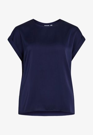 Granatowa bluzka z krótkim rękawem, okrągłym dekoltem i lekko podwiniętymi rękawami, wykonana z gładkiego, lekkiego materiału.