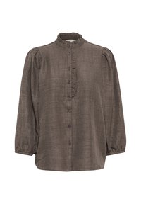 Blouse marron à boutons avec un col à volants, des manches longues et des épaules plissées. Elle présente des boutons sur le devant et un tissu doux et texturé.