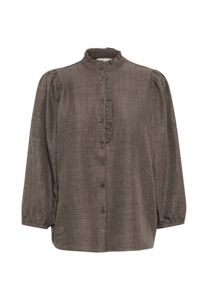 Blusa marrone con bottone, colletto arricciato, maniche lunghe e spalle plissettate. Presenta bottoni frontali e un tessuto morbido e testurizzato.