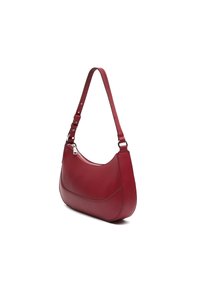 Rote Leder-Schultertasche mit geschwungener Form, Reißverschluss und verstellbarem Schulterriemen. Sie verfügt über dezente Nähte und eine glatte Oberfläche.
