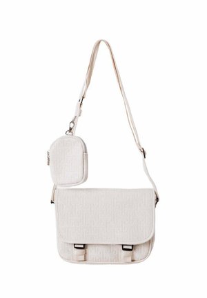 Witte crossbodytas met verstelbare band en kleine afneembare etui, beide met een subtiel geometrisch patroon.