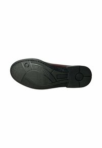 Black rubber sole with textured patterns, curved design, and a contrasting dark upper section. Features branding and flex grooves for flexibility.