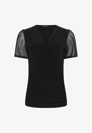 Zwarte korte mouwen blouse met doorschijnende pofmouwen, V-hals met overslag en gerimpeld detail aan één kant.