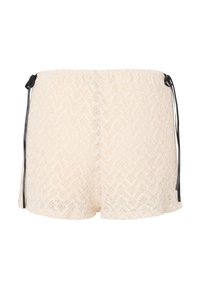 Spitzen-Shorts in Off-White mit einem Zickzack-Muster, die eine weiche Textur aufweisen und schwarze Kordelzüge an der Waist für eine verstellbare Passform haben.