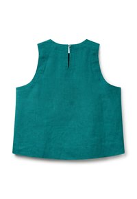 Tyrkysový bezrukávový top z lnu, s kulatým výstřihem, otvorem na zádech s knoflíkem a rovním lemem.