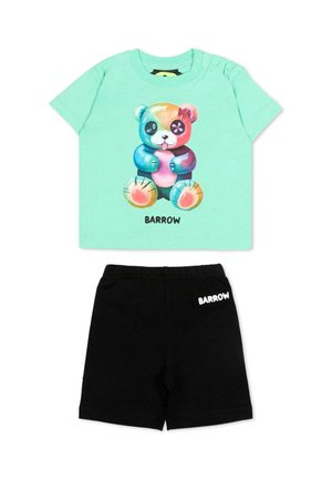 Miętowo-zielona koszulka dla malucha z krótkim rękawem, z kolorową grafiką misia teddy oraz czarne spodenki, oba z logo tekstowym "BARROW".