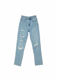 Jeans de tiro alto en azul claro con múltiples desgastes y roturas horizontales en los muslos frontales y las rodillas, dispuestos sobre un fondo blanco.