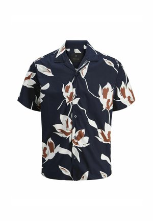 Kurzärmliges Hemd aus navyfarbenem Stoff mit großem weißen und braunen Floralprint, das einen klassischen Kragen und Vorderknöpfe aufweist.