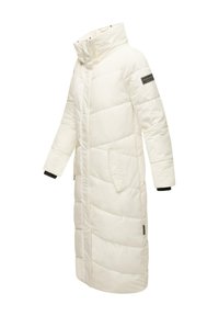 Long white puffer coat with high collar, zip front, patch pockets, and elastic cuffs. Features quilted design and branded patch on sleeve.