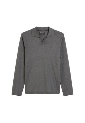 Langärmliges, kragenloses Polo-Shirt aus dunkelgrauer Baumwolle. Mit einem V-Ausschnitt und dezentem Branding auf der Brust. Weicher Stoff, normale Passform.