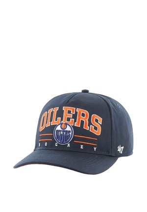 Navy baseball cap with "OILERS" and "HOCKEY" embroidered in orange. Features circular logo and '47 branding. Structured design with a curved brim.