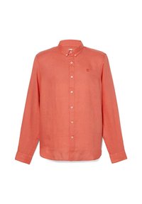 Camicia di lino corallo con maniche lunghe, colletto con bottoni e bottoni frontali. Presenta un piccolo logo sul petto. Texture liscia, design casual.