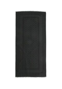 Rechthoekige zwarte sjaal met een gestructureerd patroon en franjes aan de randen, vervaardigd uit zachte stof, met een subtiel tone-on-tone ontwerp.