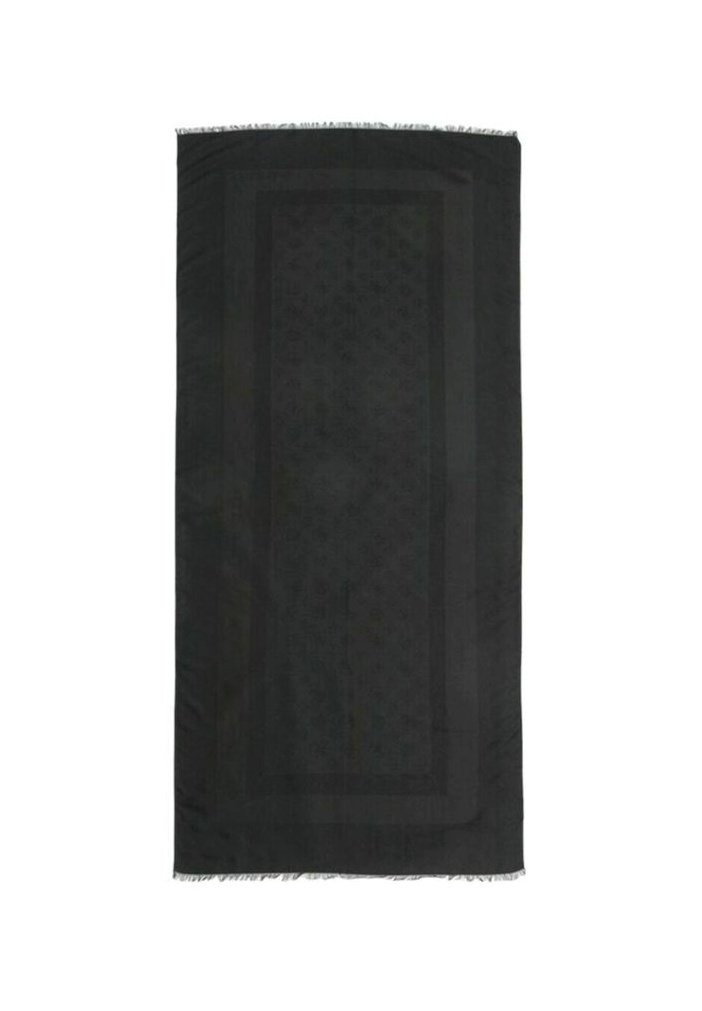 Rechthoekige zwarte sjaal met een gestructureerd patroon en franjes aan de randen, vervaardigd uit zachte stof, met een subtiel tone-on-tone ontwerp.