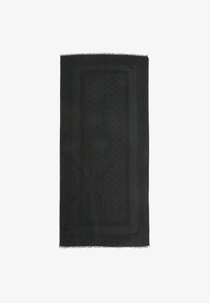 Rechthoekige zwarte sjaal met een gestructureerd patroon en franjes aan de randen, vervaardigd uit zachte stof, met een subtiel tone-on-tone ontwerp.