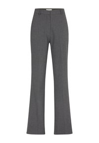 Pantalons gris à rayures, avec une coupe ajustée, présentant un devant plat et des jambes évasées. Fabriqués dans un tissu lisse et dotés de passants de ceinture.