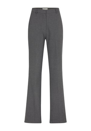 Pantalons gris à rayures, avec une coupe ajustée, présentant un devant plat et des jambes évasées. Fabriqués dans un tissu lisse et dotés de passants de ceinture.