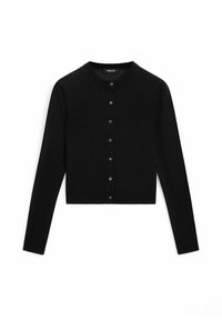 Schwarze Strickjacke mit Rundhalsausschnitt, langen Ärmeln und Knopfverschluss vorne. Das Material wirkt weich und leicht strukturiert.