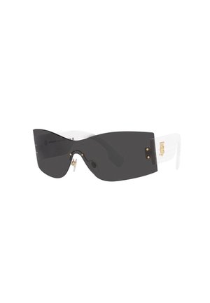 Occhiali da sole con lenti scure nere e un design angolare futuristico. Le astine trasparenti bianche presentano dettagli in oro.