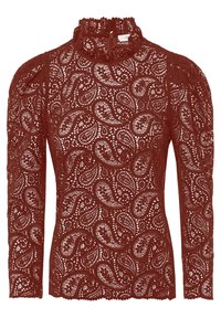 Blusa in pizzo bordeaux con maniche lunghe, dotata di un colletto alto arricciato, motivi a paisley ritagliati e una silhouette aderente, finitura testurizzata.