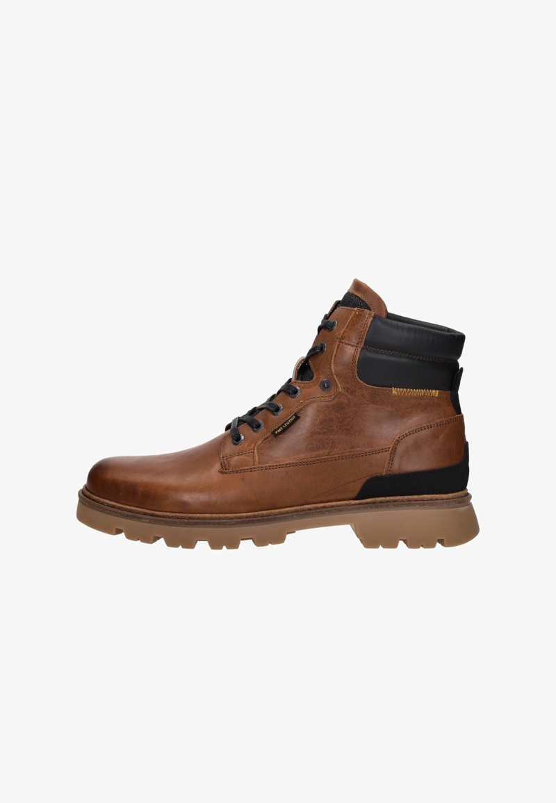 Brown leather ankle boot with black accents, round toe, lace-up design, padded collar, and rugged rubber sole for traction.