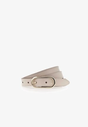 Light beige leather belt with oval gold buckle, rolled and displayed against a white background.