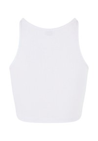 Geribbelde witte crop top met een ronde halslijn en brede schouderbanden, met een gladde textuur en een getailleerd ontwerp.