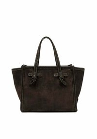 Borsa a mano in suede marrone scuro con due manici superiori, nodi decorativi e cuciture beige a contrasto sui bordi e sui manici.