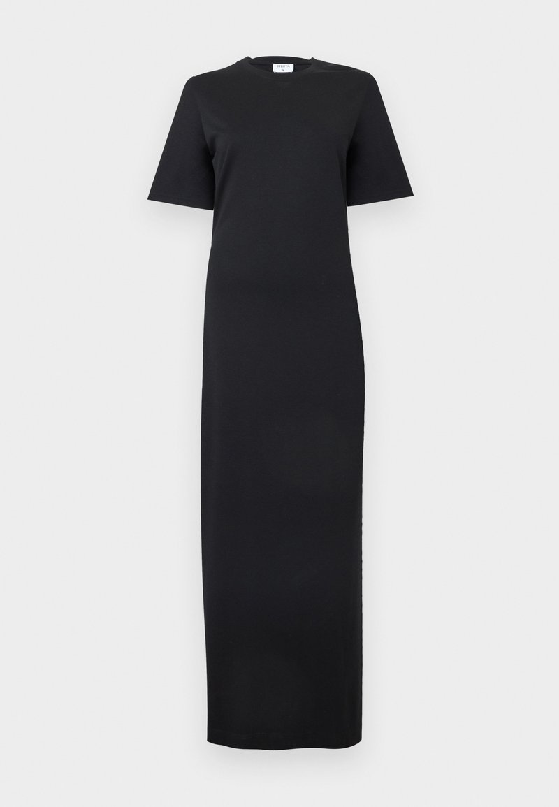 Schwarzes Maxikleid mit kurzen Ärmeln, Rundhalsausschnitt, geradem Schnitt und schlichtem Design, dargestellt vor weißem Hintergrund.