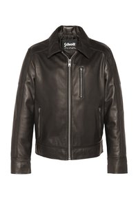 Chaqueta de piel marrón con cuello con solapa, cremallera frontal y un bolsillo en el pecho. Presenta un diseño sencillo y una textura lisa.