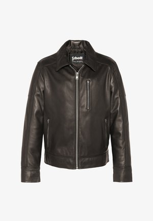 Braune Lederjacke mit Kragen, Frontreißverschluss und einer Brusttasche. Sie hat ein schlichtes Design und eine glatte Textur.