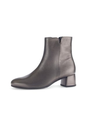 Leather ankle boot in dark gray with a sleek design, rounded toe, and a modest block heel. Features a notched opening for easy wear.