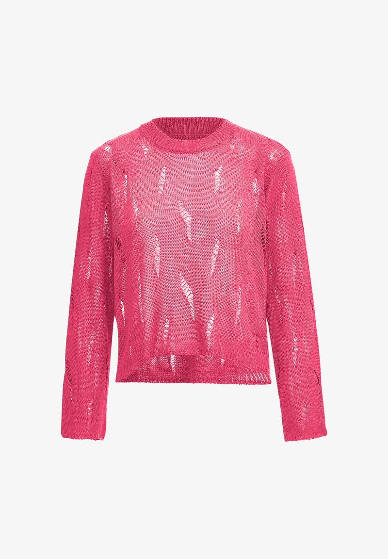 Pulover scurt roz cu mâneci lungi, realizat dintr-un material tricotat ușor, cu țesătură deschisă, dungi orizontale și decolteu cu elastic.