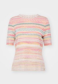 T-shirt à manches courtes présentant un motif en zigzag rose, jaune, vert et blanc. Confectionné en tissu léger avec un col rond.