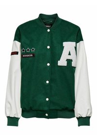 Zielona kurtka uniwersytecka z białymi rękawami, z dużą białą literą "A", haftowanymi naszywkami i zapięciem na zatrzaski. Dzianinowy kołnierz i mankiety.