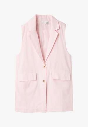 Rosa lin vest med krager, enkelt knappelukking og to lommer foran. Jevn tekstur med et lett, pustende stoff.