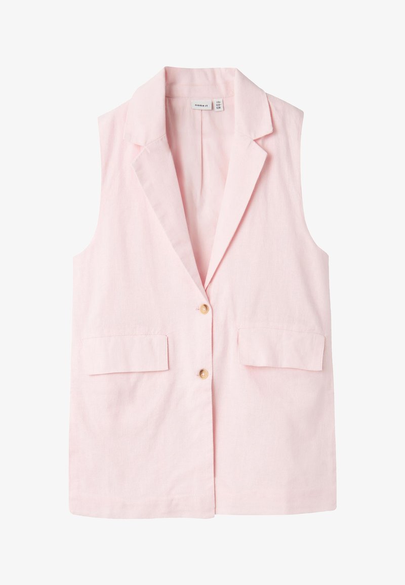 Rozā lina veste ar atlokiem, vienas pogas aizdare un divām priekšējām kabatām. Gluda tekstūra ar vieglu, elpojošu audumu.