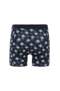Sötétkék boxer alsó, fehér és világoskék hópehely mintázattal, egy szilárd sötétkék derékpánttal és puha tapintással.