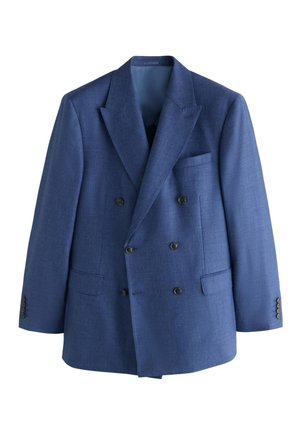 Double-breasted navy blue blazer with notch lapels, four black buttons, and three front pockets, displayed on a white background.