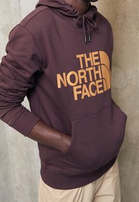 Sudadera con capucha color granate con un gran logo naranja de "THE NORTH FACE". Cuenta con capucha con cordón ajustable y bolsillo canguro frontal. Textura suave de algodón.
