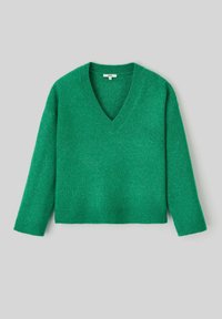 Pull vert, texturé, en V avec manches longues et ourlet côtelé. Le tissu semble doux et légèrement duveteux. Couleur stylée et design décontracté.