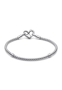 Silver charm bracelet with woven chain design, featuring a heart-shaped clasp and smooth accent beads. Polished finish, no visible patterns.