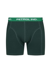 Boxer in cotone verde scuro con un girovita con marchio "PETROL IND." in verde e bianco e dettagli di cucitura a contrasto.