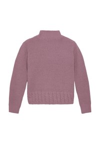 Pull en tricot doux lavande avec un col montant, des poignets côtelés et un motif en torsades texturé à l'ourlet.