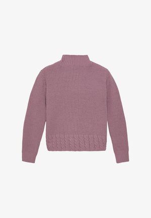 Gestrickter Pullover in sanftem Lavendel mit einem hohen Kragen, gerippten Bündchen und einem strukturierten Zopfmuster am Saum.