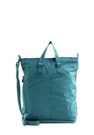 Sac cabas bleu clair texturé avec deux petites poignées et une bandoulière réglable, debout sur un fond blanc.