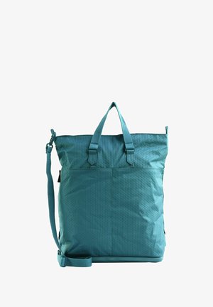 Sac cabas bleu clair texturé avec deux petites poignées et une bandoulière réglable, debout sur un fond blanc.