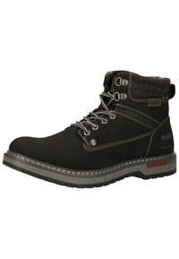 Botas de cuero negras hasta el tobillo con acentos grises, cuello acolchado, ojales de metal y detalles texturizados. Suela de goma con costuras y logo.