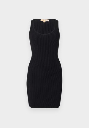 Rochie neagră cu dungi, cu o siluetă ajustată, gât rotund și fără mâneci. Textură netedă, potrivită pentru ținute casual sau semi-formale.